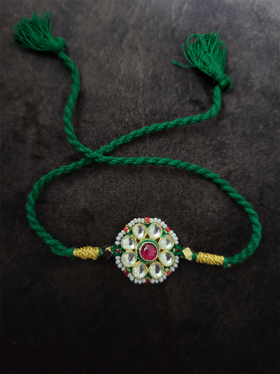 Green thread pacchi kundan bhai rakhi - Odara Jewellery