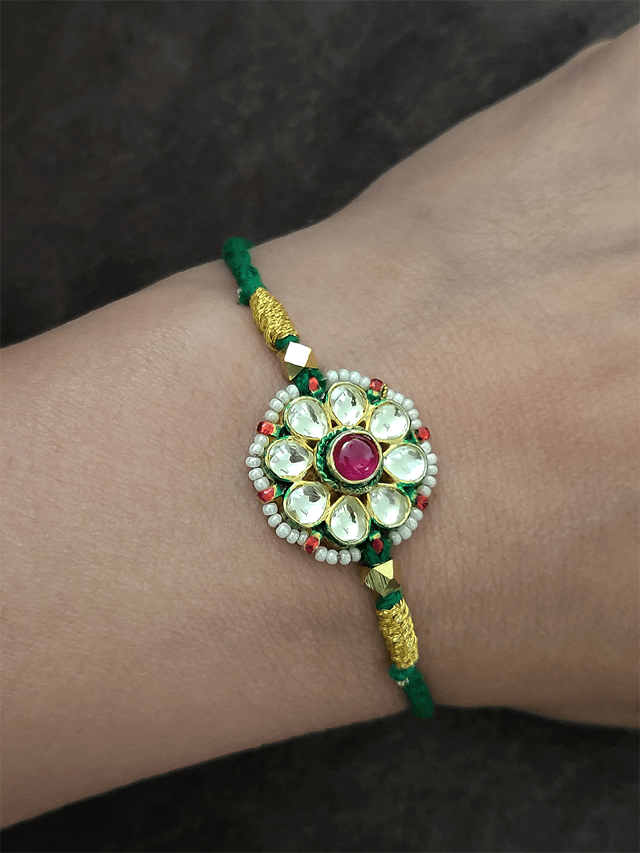 Green thread pacchi kundan bhai rakhi - Odara Jewellery